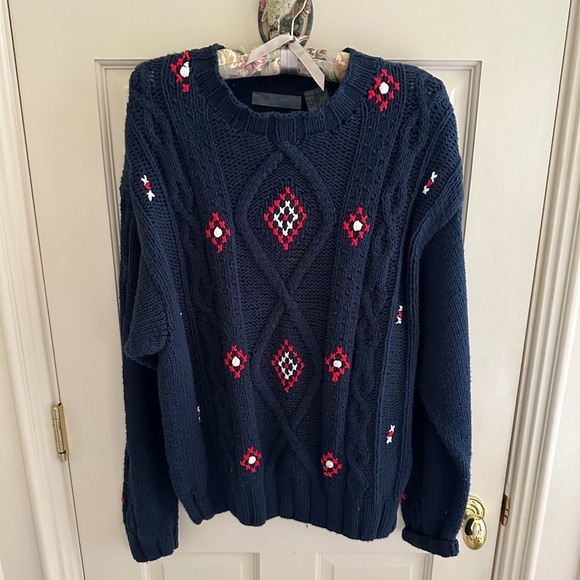 Liz Claiborne Navy Cotton Sweater with hand embellished embroidery - Picture 1 of 9